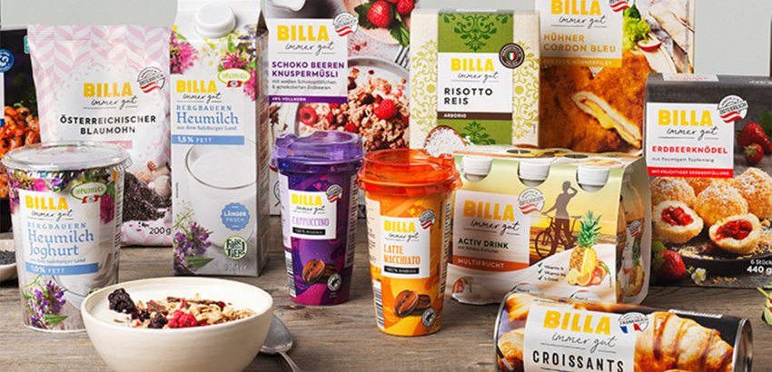 Billa Bio Produkte wie Eiskaffee, Joghurt, Müsli, Backwaren, Risotto und Süßigkeiten.und Saft