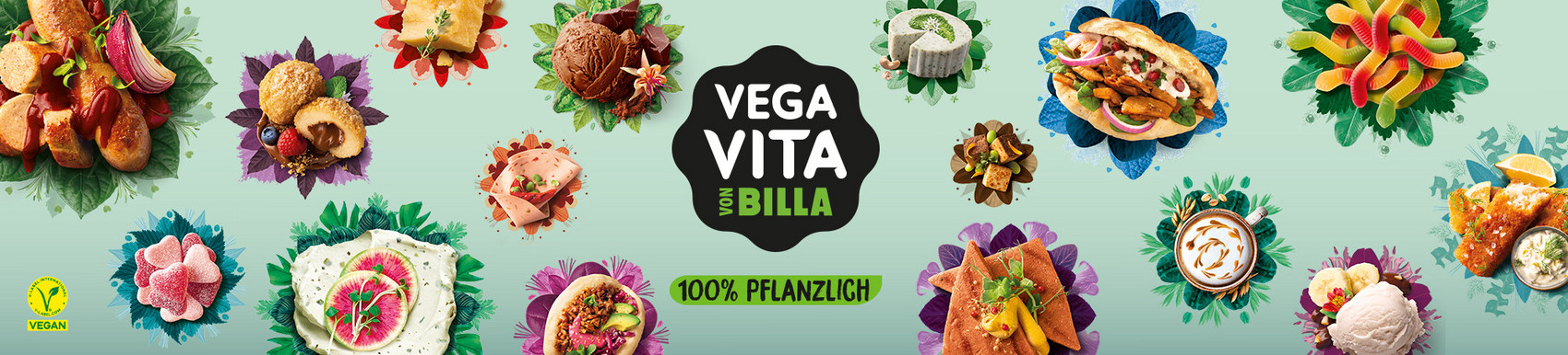 Vegavita von Billa mit Abbildungen von Gerichten, die mit Vegavita-Produkten angerichtet wurden.