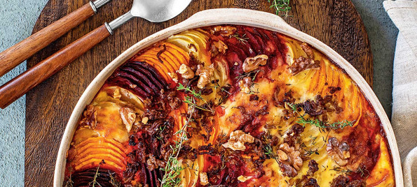 Rote-Rüben-Erdäpfel-Gratin mit Ziegenkäse