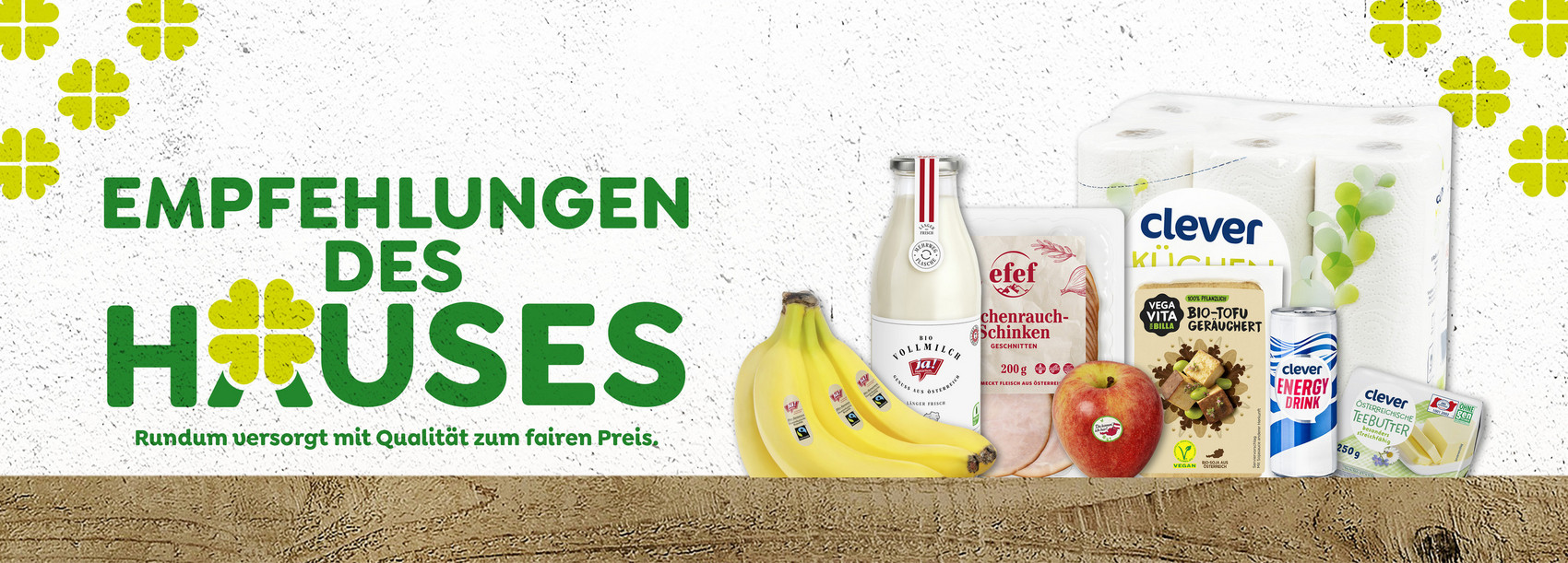 Empfehlung des Hauses: Die REWE Eigenmarken wie die Fair Ja! Natürlich Bananen, Ja! Natürlich Milch, efef Schinken, clever Küchenrolle, clever Energy Drink, Vegavita Räuchertofu, Da komm' ich her Apfel oder die clever Teebuter